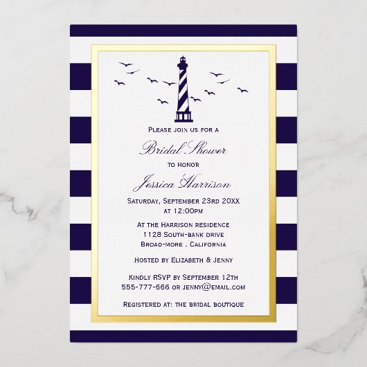 Nautical Lighthouse Navy Stripe Vrijgezellenfeest  Folie Uitnodiging (Voorkant)