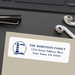 Nautical Lighthouse Ocean Waves Blue White Address Etiket