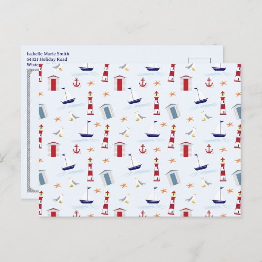 Nautical Lighthouse Pattern 1st Birthday Party  Briefkaart (Voorkant / Achterkant)