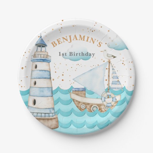 Nautical Lighthouse Sailboat Birthday Paper Bord (Voorkant)