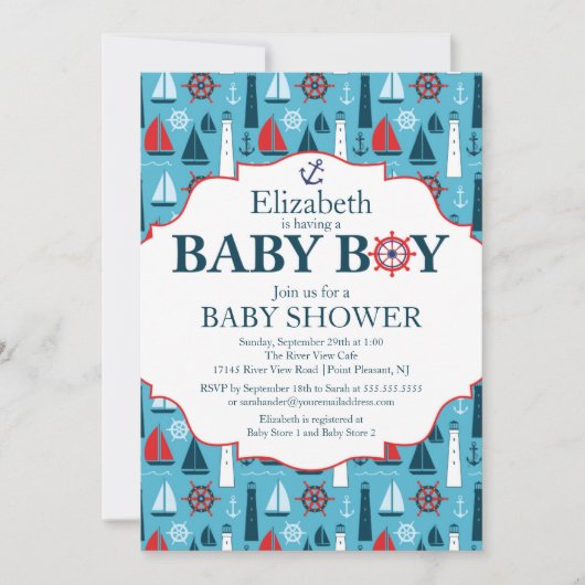 Nautical Lighthouse Sailboat Boys Baby shower Kaart (Voorkant)