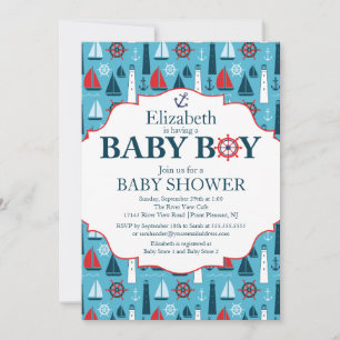 Nautical Lighthouse Sailboat Boys Baby shower Kaart