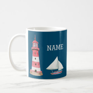 Nautical Lighthouse Sailboat Name Red White Blue Koffiemok