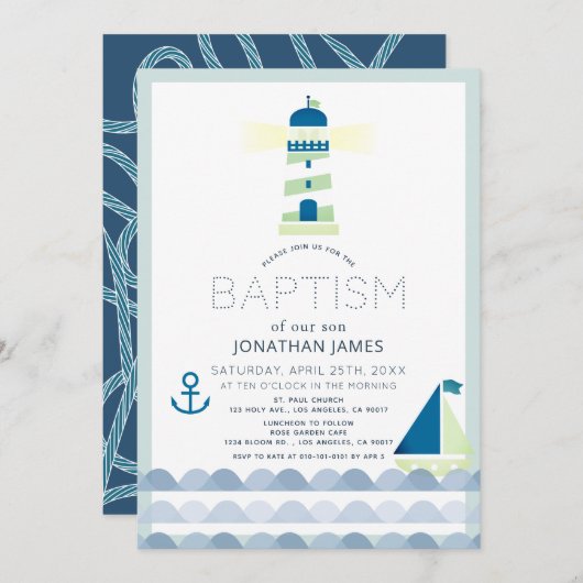 Nautical Lighthouse Sailboat Navy Blue Baptism Inv Kaart (Voorkant / Achterkant)