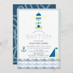 Nautical Lighthouse Sailboat Navy Blue Baptism Inv Kaart
