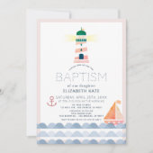 Nautical Lighthouse Sailboat Pink Girl Baptism Inv Kaart (Voorkant)