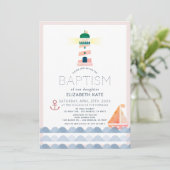 Nautical Lighthouse Sailboat Pink Girl Baptism Inv Kaart (Staand voorkant)