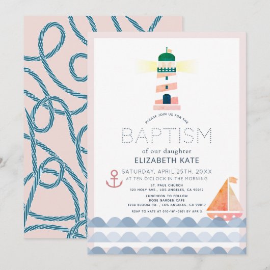 Nautical Lighthouse Sailboat Pink Girl Baptism Inv Kaart (Voorkant / Achterkant)