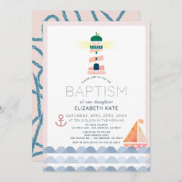 Nautical Lighthouse Sailboat Pink Girl Baptism Inv Kaart