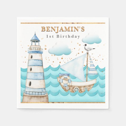 Nautical Lighthouse Sailboot Birthday Napkins Servet (Voorkant)