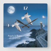 Nautical Lighthouse Seagulls Wedding Clock Vierkante Klok (Voorkant)