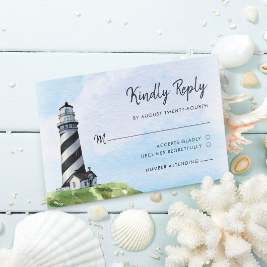 Nautical Lighthouse Waterverf Modern Wedding RSVP Kaartje