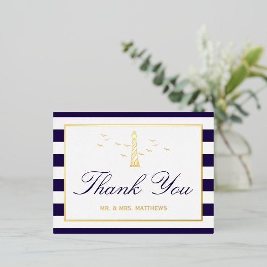 Nautical Lighthouse Wedding Dank je echte Folie Folie Uitnodiging Briefkaart (Staand Voorkant)