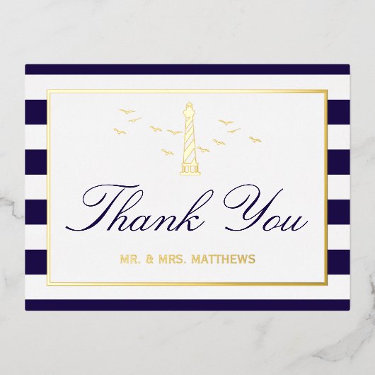 Nautical Lighthouse Wedding Dank je echte Folie Uitnodiging Briefkaart (Voorkant)