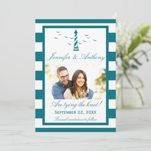 Nautical Lighthouse Wedding Photo Save the Date (Staand voorkant)