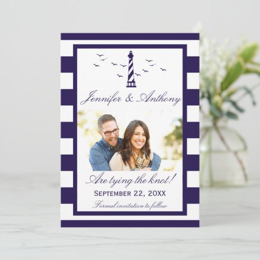 Nautical Lighthouse Wedding Photo Save the Date (Staand voorkant)