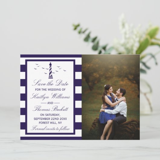 Nautical Lighthouse Wedding Photo Save the Date (Staand voorkant)