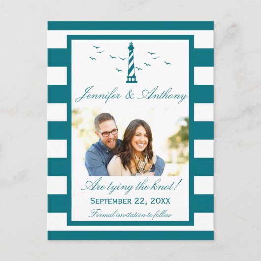 Nautical Lighthouse Wedding Photo Save the Date Aankondigingskaart (Voorkant)