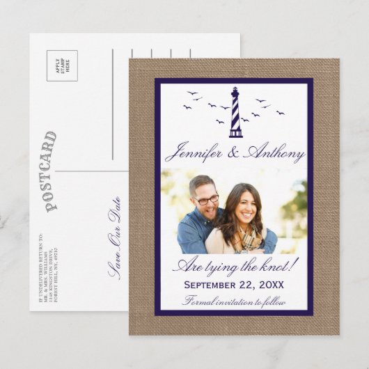 Nautical Lighthouse Wedding Photo Save the Date Aankondigingskaart (Voorkant / Achterkant)