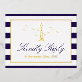 Nautical Lighthouse Wedding RSVP Real Folie Uitnodiging Briefkaart (Voorkant)