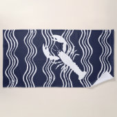 Nautical Lobster Navy Blue White Wave Stripes Strandlaken (Voorkant)