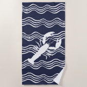 Nautical Lobster Navy Blue White Wave Stripes Strandlaken (Voorkant)