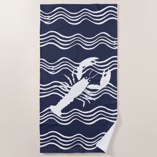 Nautical Lobster Navy Blue White Wave Stripes Strandlaken (Voorkant)