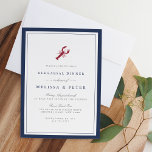 Nautical Lobster Rehearsal Dinner Invitation Kaart<br><div class="desc">Onze elegante uitnodigingen voor het avondeten van de zomerbruiloft zijn kenmerkend voor klassieke nautische stichting met een schone, minimalistische blik en een lichttheartige aanraking. Het ontwerp is voorzien van een dubbele grens van rijk marineblauw met een rode kreeftenafbeelding bovenaan. Het elegante blok en het manuscript dat in zacht grijs en...</div>