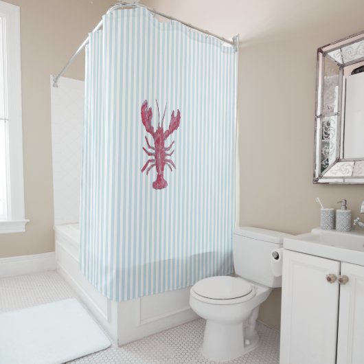 Nautical Lobster Stripe Pattern Coastal Douchegordijn (In situ)