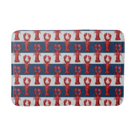 Nautical Lobsters on Navy Blue and Grey Stripes Badmat