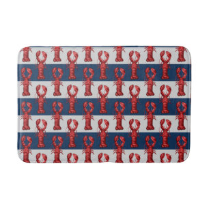 Nautical Lobsters on Navy Blue and Grey Stripes Badmat