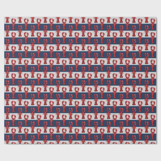 Nautical Lobsters on Navy Blue and Grey Stripes Cadeaupapier (Vlak)