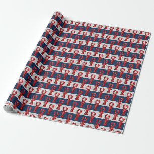 Nautical Lobsters on Navy Blue and Grey Stripes Cadeaupapier
