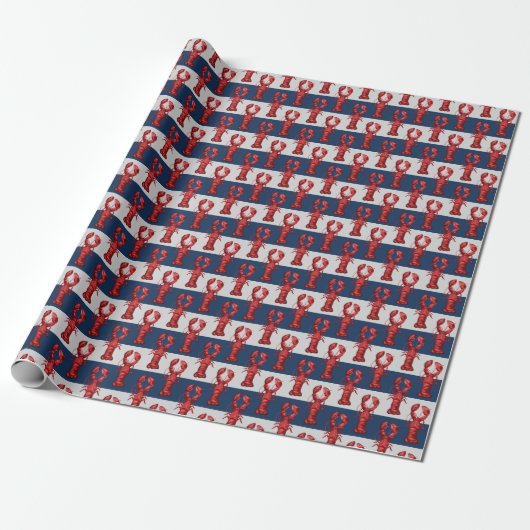 Nautical Lobsters on Navy Blue and Grey Stripes Cadeaupapier (Uitgerold)