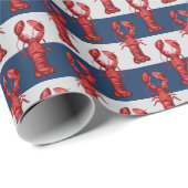 Nautical Lobsters on Navy Blue and Grey Stripes Cadeaupapier (Rol Hoek)