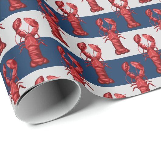 Nautical Lobsters on Navy Blue and Grey Stripes Cadeaupapier (Rol Hoek)