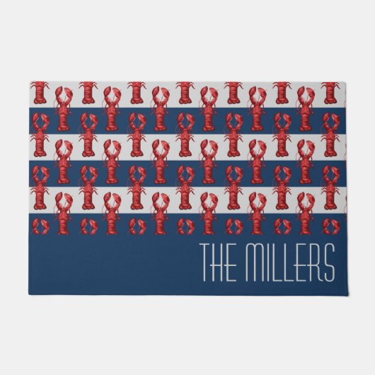 Nautical Lobsters on Navy Blue and Grey Stripes Deurmat (Voorkant)