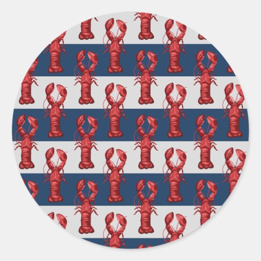 Nautical Lobsters on Navy Blue and Grey Stripes Ronde Sticker (Voorkant)