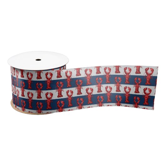 Nautical Lobsters on Navy Blue and Grey Stripes Satijnen Lint (Spoel)