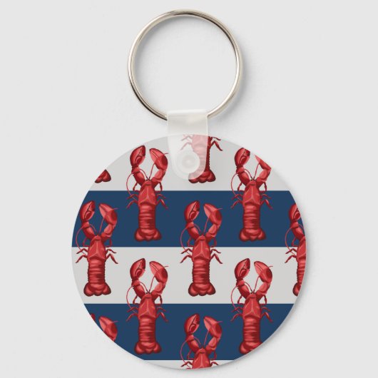 Nautical Lobsters on Navy Blue and Grey Stripes Sleutelhanger (Voorkant)