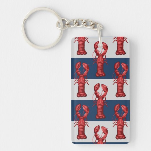 Nautical Lobsters on Navy Blue and Grey Stripes Sleutelhanger (Voorkant)