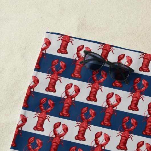 Nautical Lobsters on Navy Blue and Grey Stripes Strandlaken (In situ)