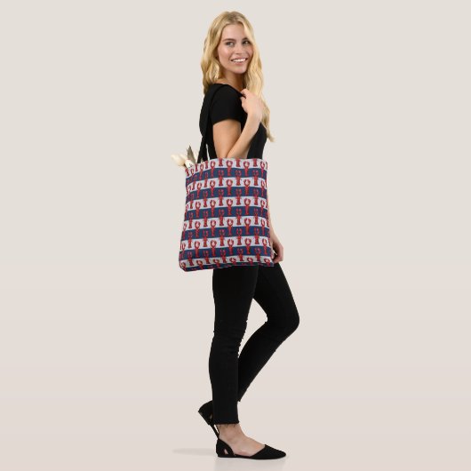 Nautical Lobsters on Navy Blue and Grey Stripes Tote Bag (Op model)