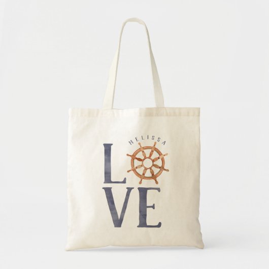 Nautical Love Waterverf Typografie + Ship's Wheel Tote Bag (Voorkant)