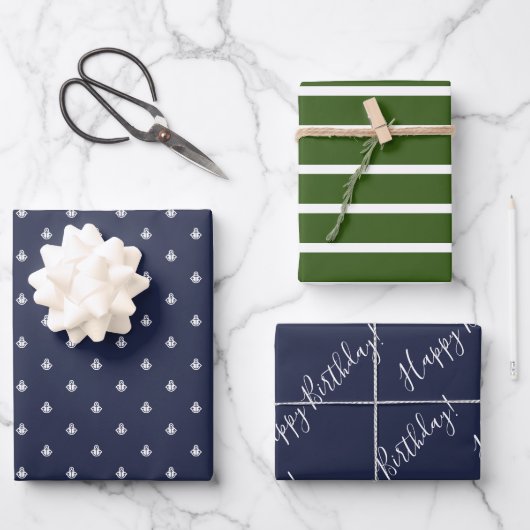 Nautical marine & Green Birthday Wrapping  Inpakpapier Vel (Voorkant)