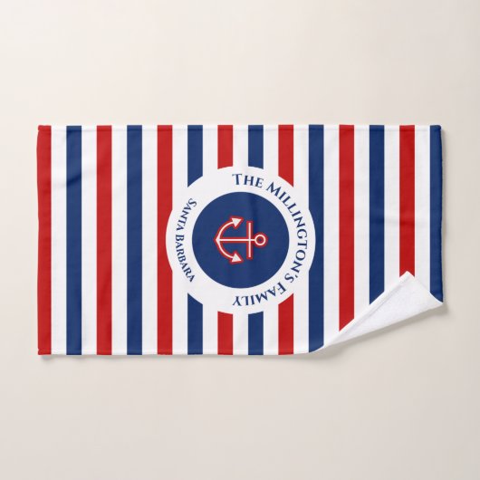 Nautical Marine Navy Blue Red Stripes Bad Handdoek (Handdoek)