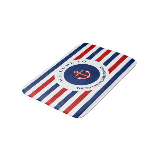 Nautical Marine Navy Blue Red Stripes Badmat (Gekanteld)