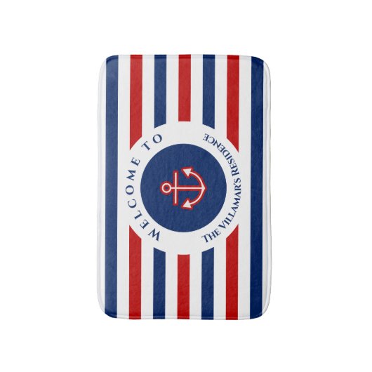 Nautical Marine Navy Blue Red Stripes Badmat (Voorkant Verticaal)