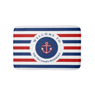 Nautical Marine Navy Blue Red Stripes Badmat