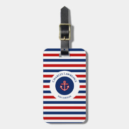 Nautical Marine Navy Blue Red Stripes Bagagelabel